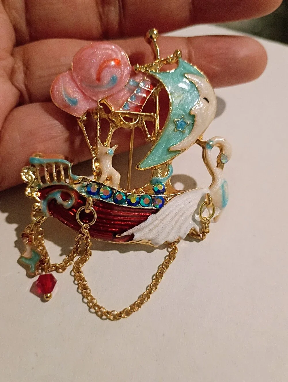 New Whimsical Enamel Swan & Moon Boat Brooch - Pastel Pink, Teal & White